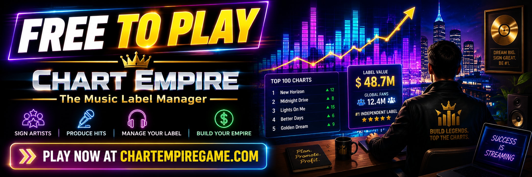 CHART EMPIRE - Dominate the music charts in this browser-based music label management game.