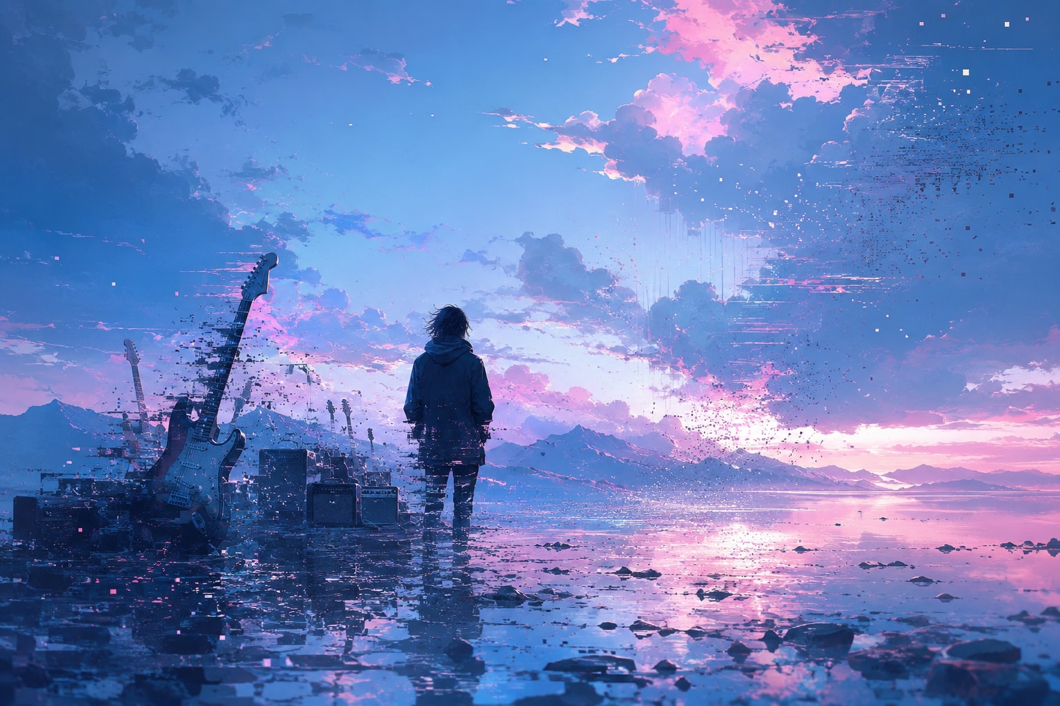Original indietronica post-rock illustration with guitars dissolving into a blue and pink digital shoreline.