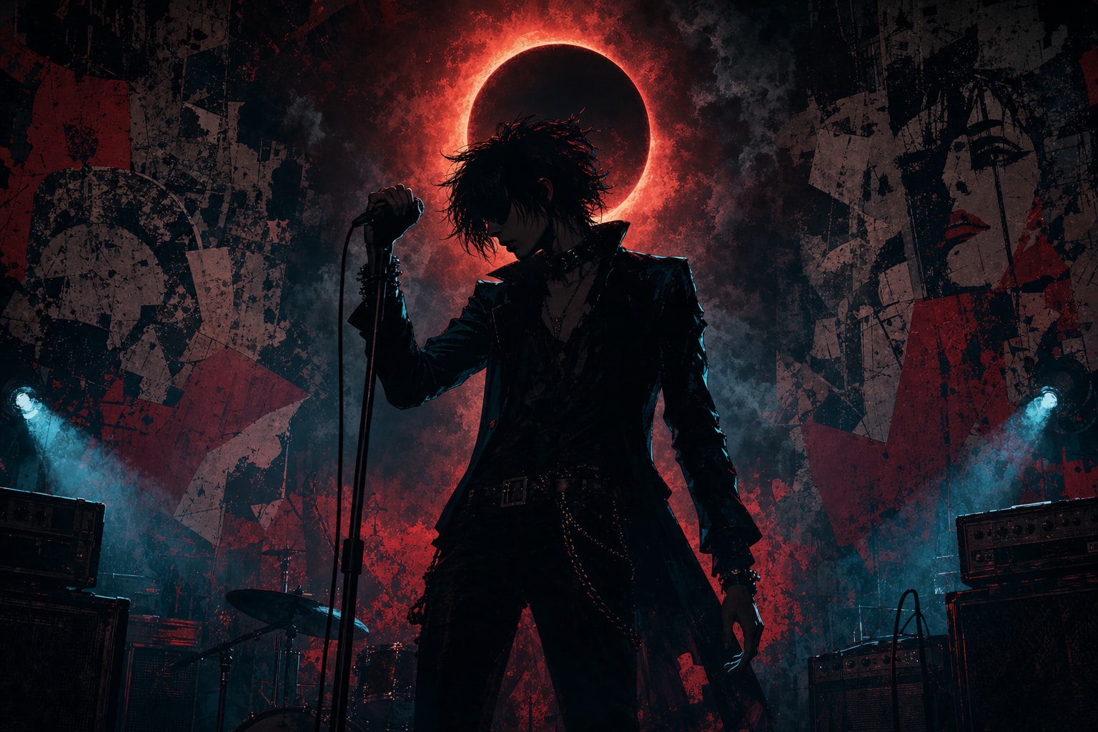Original gothic-rock hero image of an anonymous performer silhouette under an eclipse-like black sunshine.