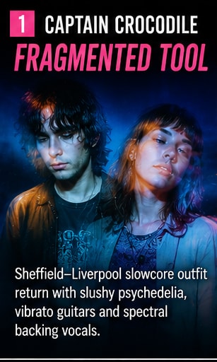 Captain Crocodile Fragmented Tool slowcore collage card with Sheffield-Liverpool duo imagery.