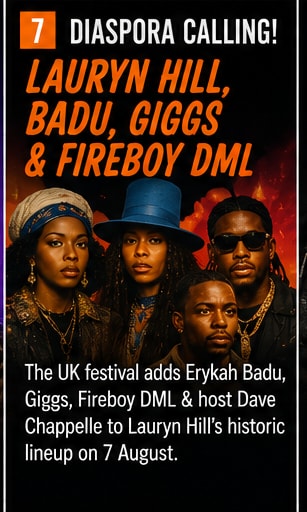 Diaspora Calling festival collage card naming Lauryn Hill, Badu, Giggs and Fireboy DML.