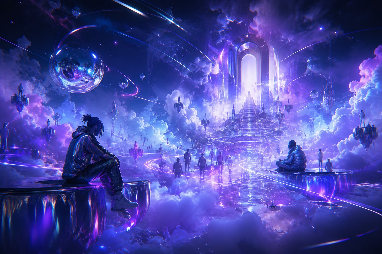 Original cloud-rap editorial illustration with violet portals, floating platforms and underground rap figures.