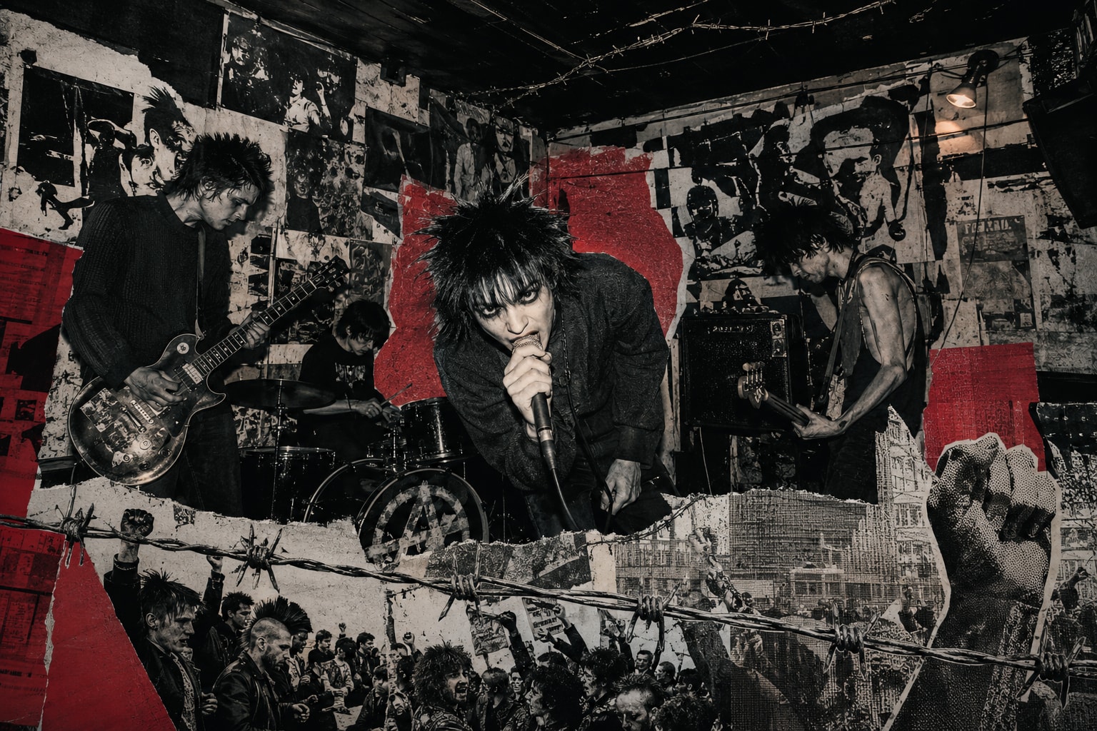 Original Bristol anarcho-punk collage illustration with black and red zine textures and live band fragments.