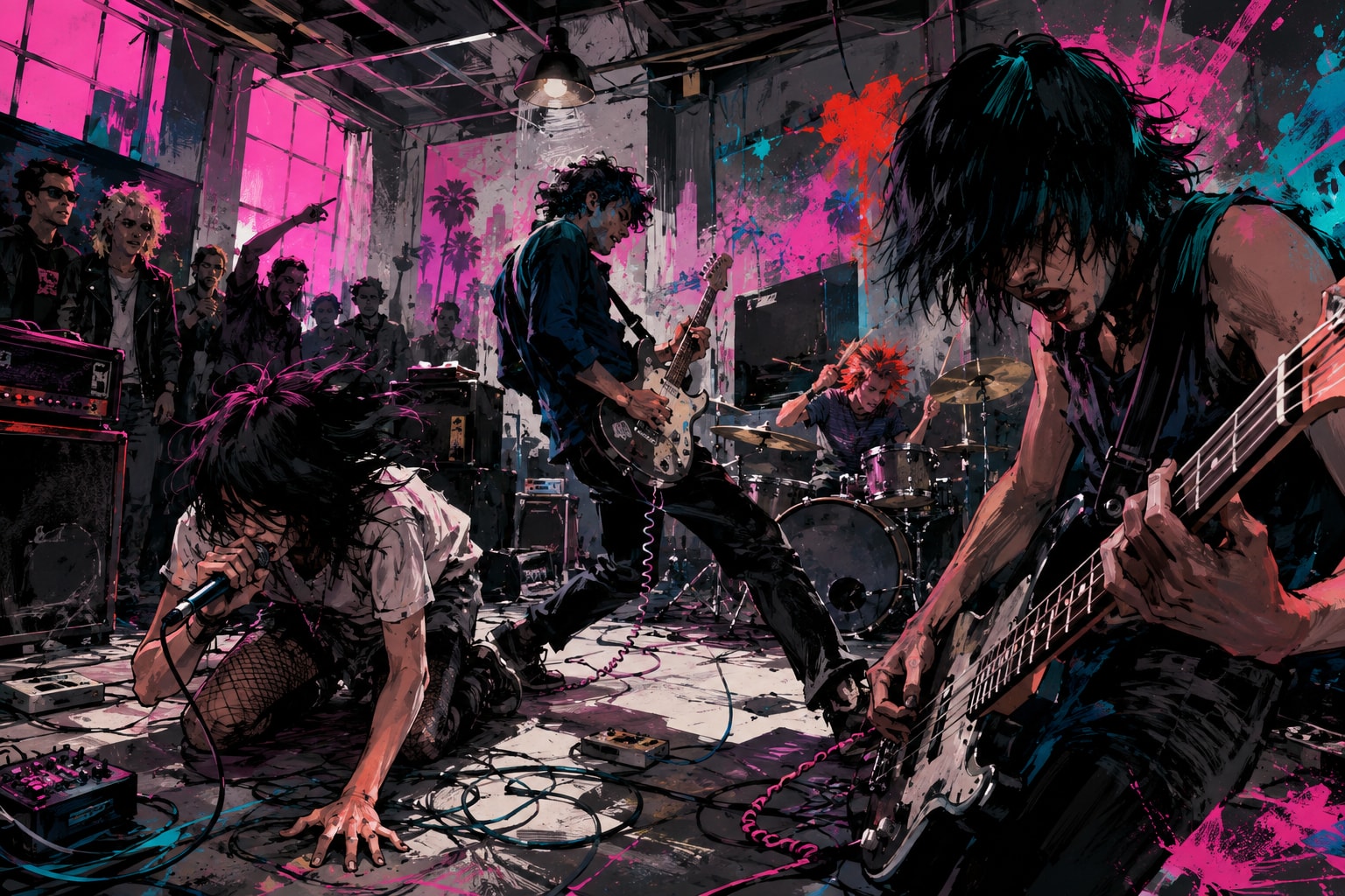 Original Los Angeles punk no-wave illustration with a cramped band room, bright paint and aggressive guitars.