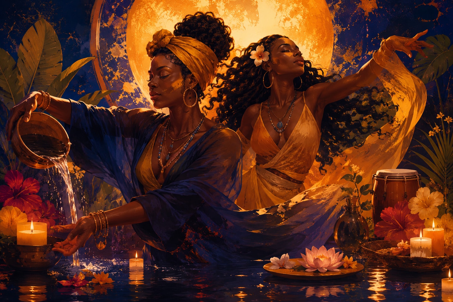 Original editorial illustration of two Afro-Cuban ritual dancers with water, candles and moonlit offering imagery.