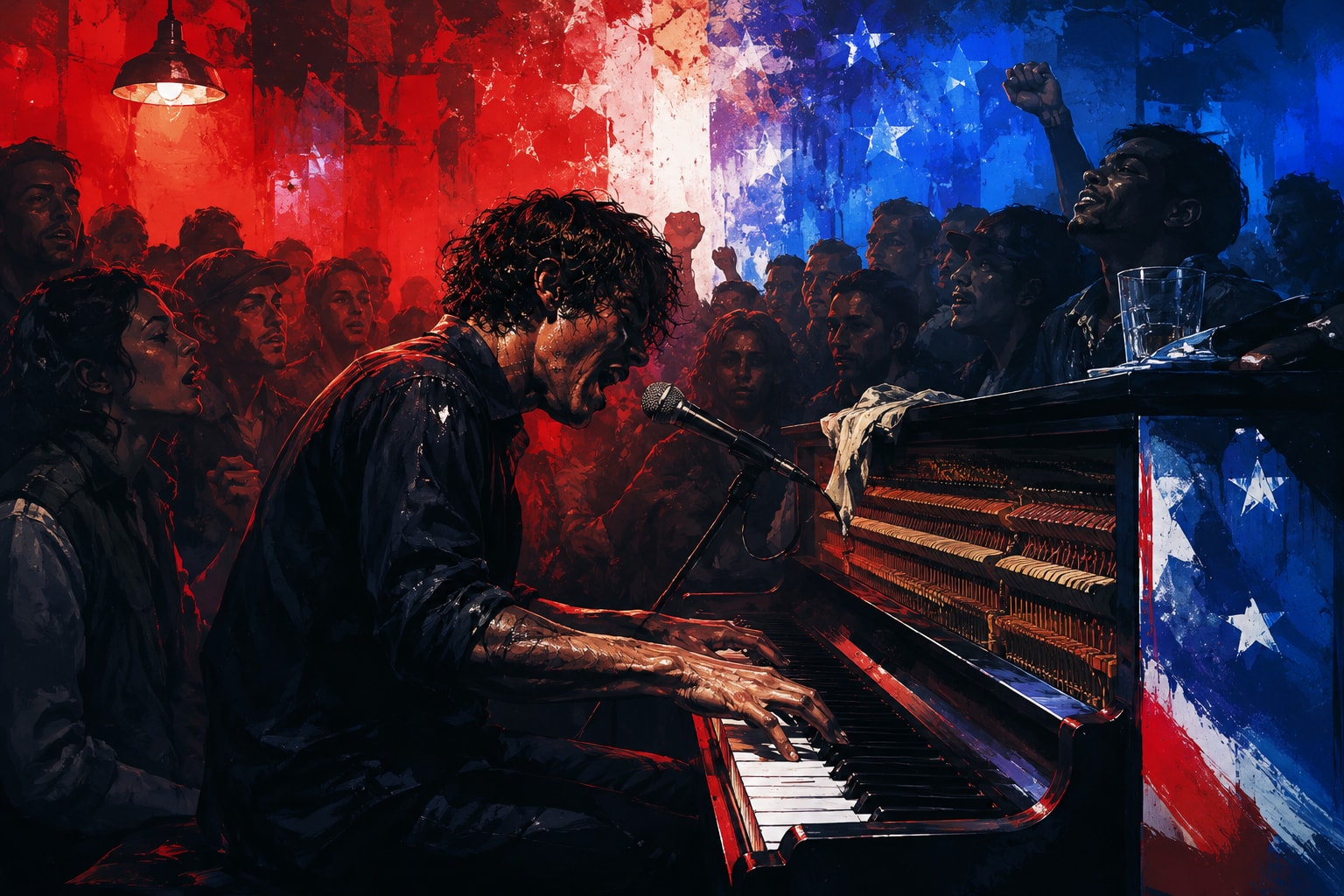 Original piano rock editorial illustration of a performer at a piano before a red and blue crowd.
