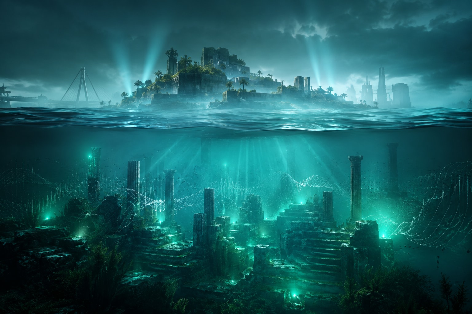 Original ambient dub techno illustration of a sunken island and underwater ruins glowing teal beneath storm clouds.