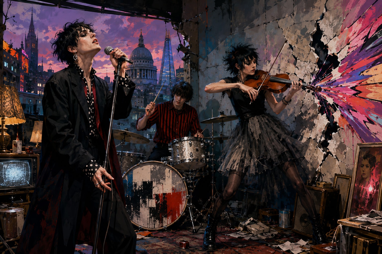 Original art-pop post-punk illustration of a London trio with drums, microphone and viola in a cracked room.