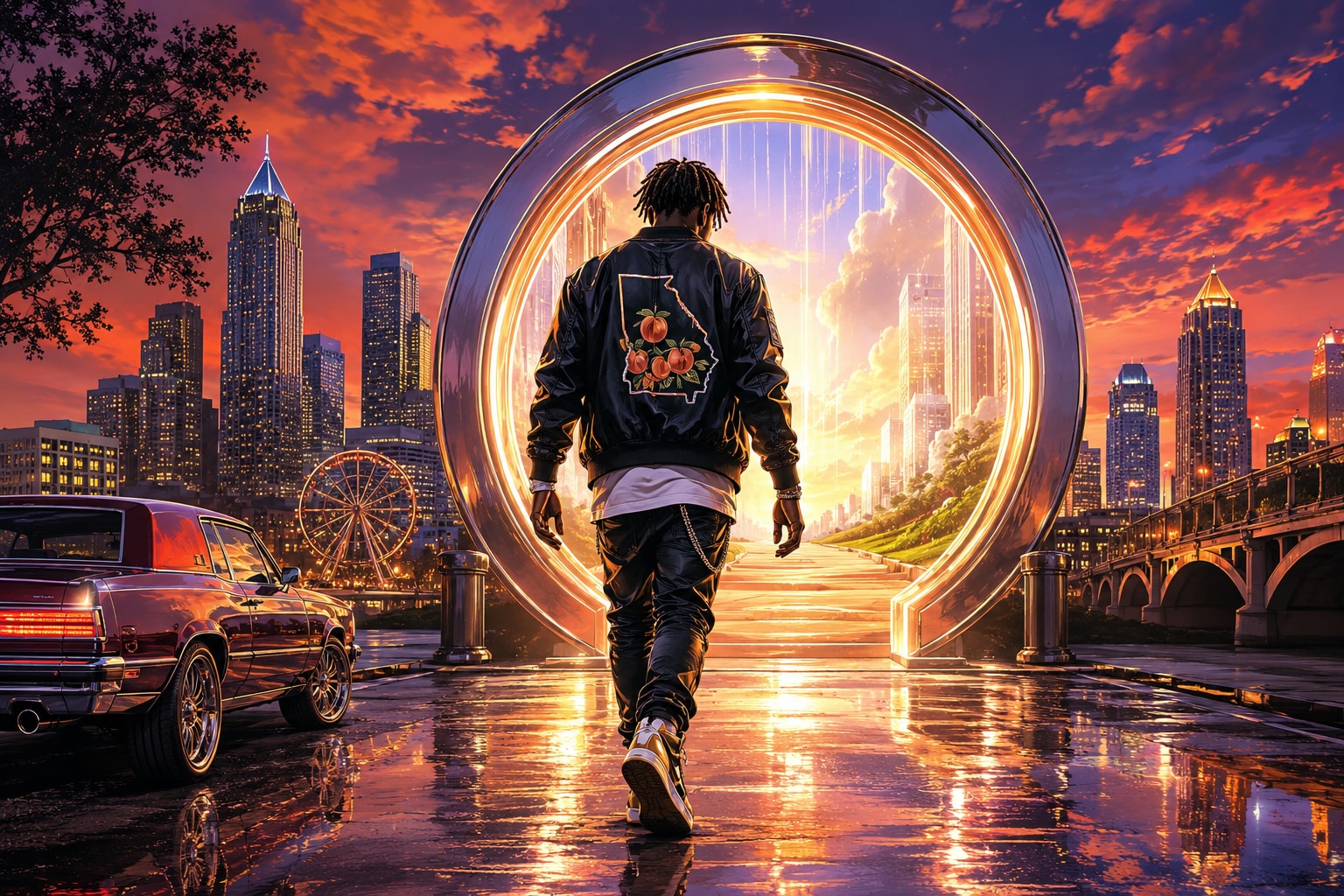Original Georgia rap editorial illustration showing a figure walking through a glowing city portal at sunset.
