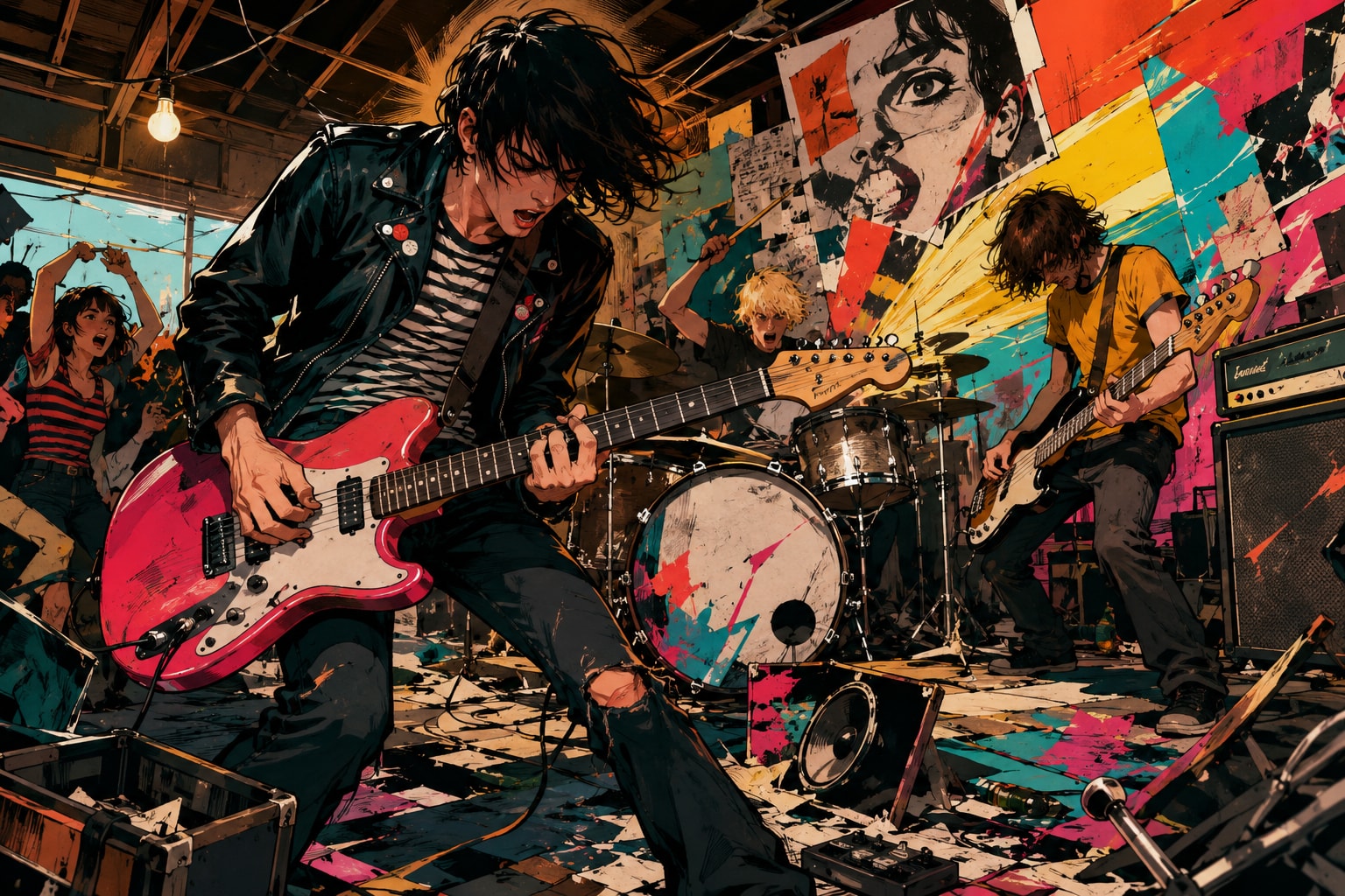 Original garage punk illustration of a chaotic band performance with bright poster-collage textures.