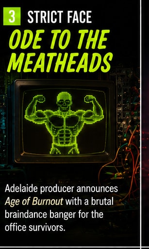 Strict Face Ode to the Meatheads collage card with neon modular synth and flexing monitor graphic.