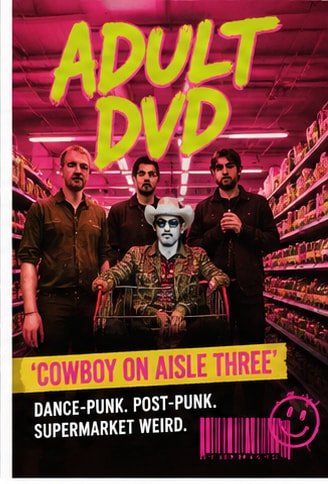 Adult DVD Cowboy On Aisle Three dance-punk track artwork with checkout supermarket theme.