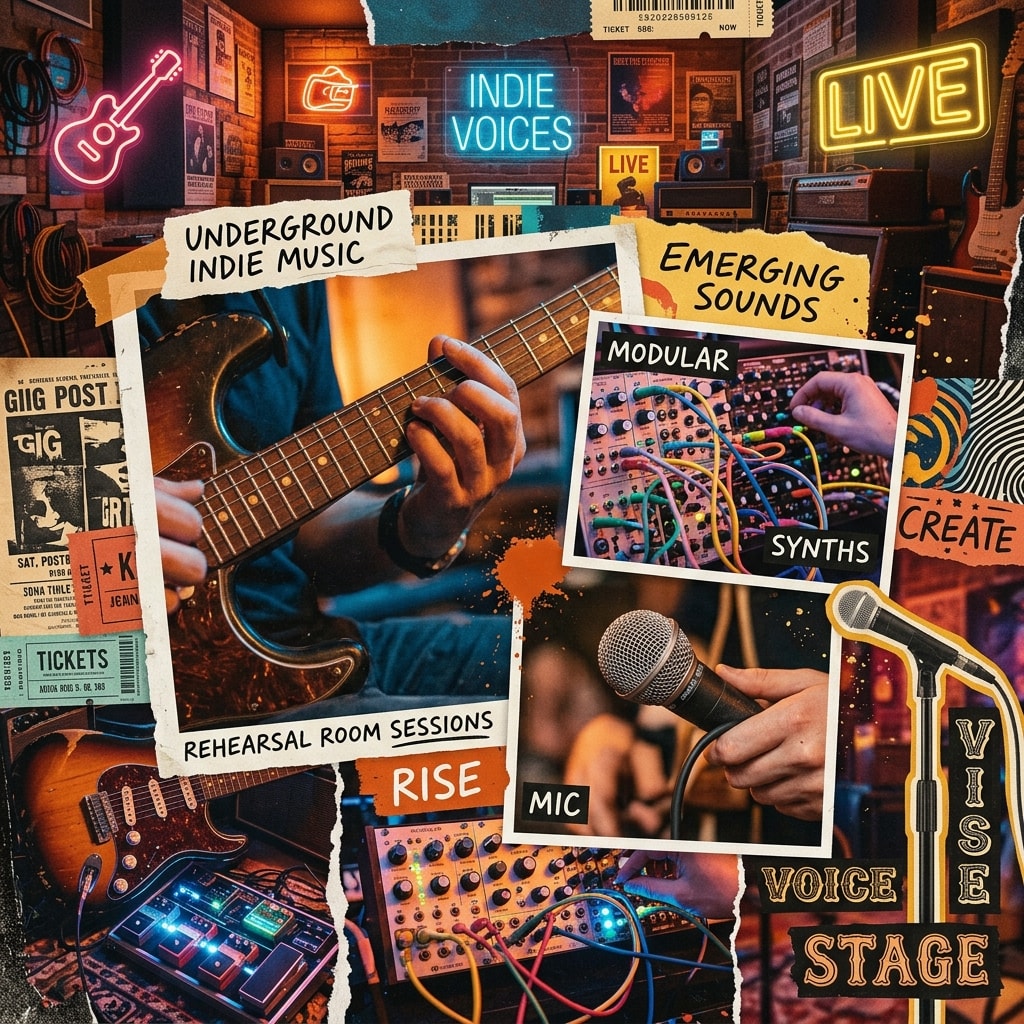 Creative collage design of guitars, modular synthesizers, and microphones in a cozy neon-lit rehearsal room.