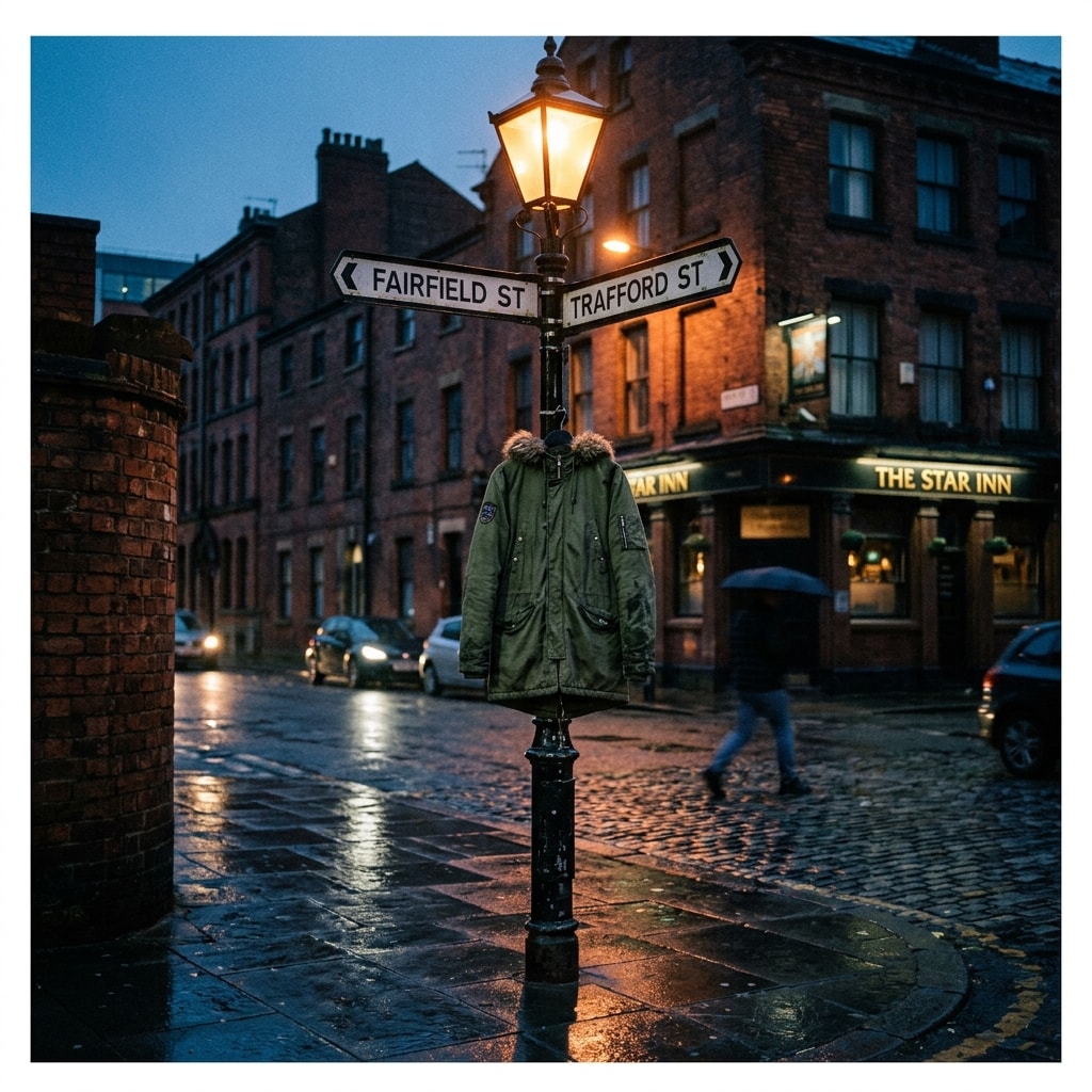 Moody street corner at dusk with a single green parka hanging under a glowing street lamp.