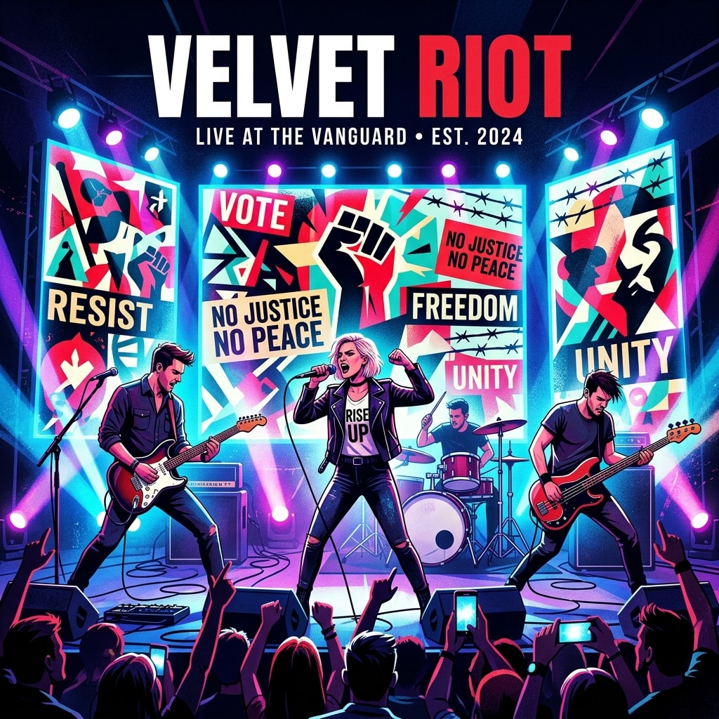 Graphic illustration of a modern rock band under stage lights with abstract political visuals in the background.