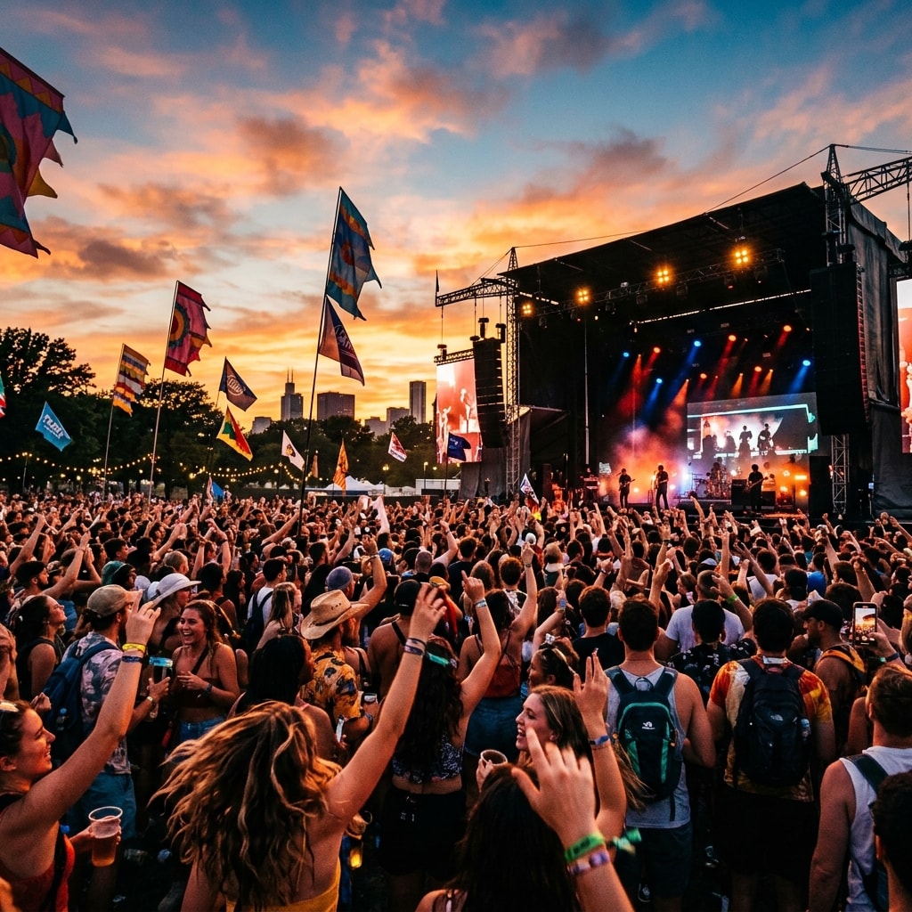 Indie rock music festival crowd in Victoria Park under a sunset sky.