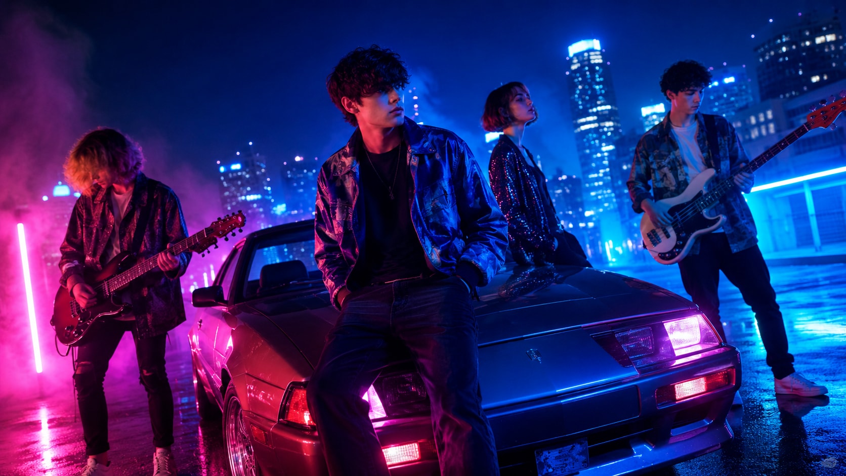 AFTERDRIVE band members standing under city neon lights next to a classic car at night.
