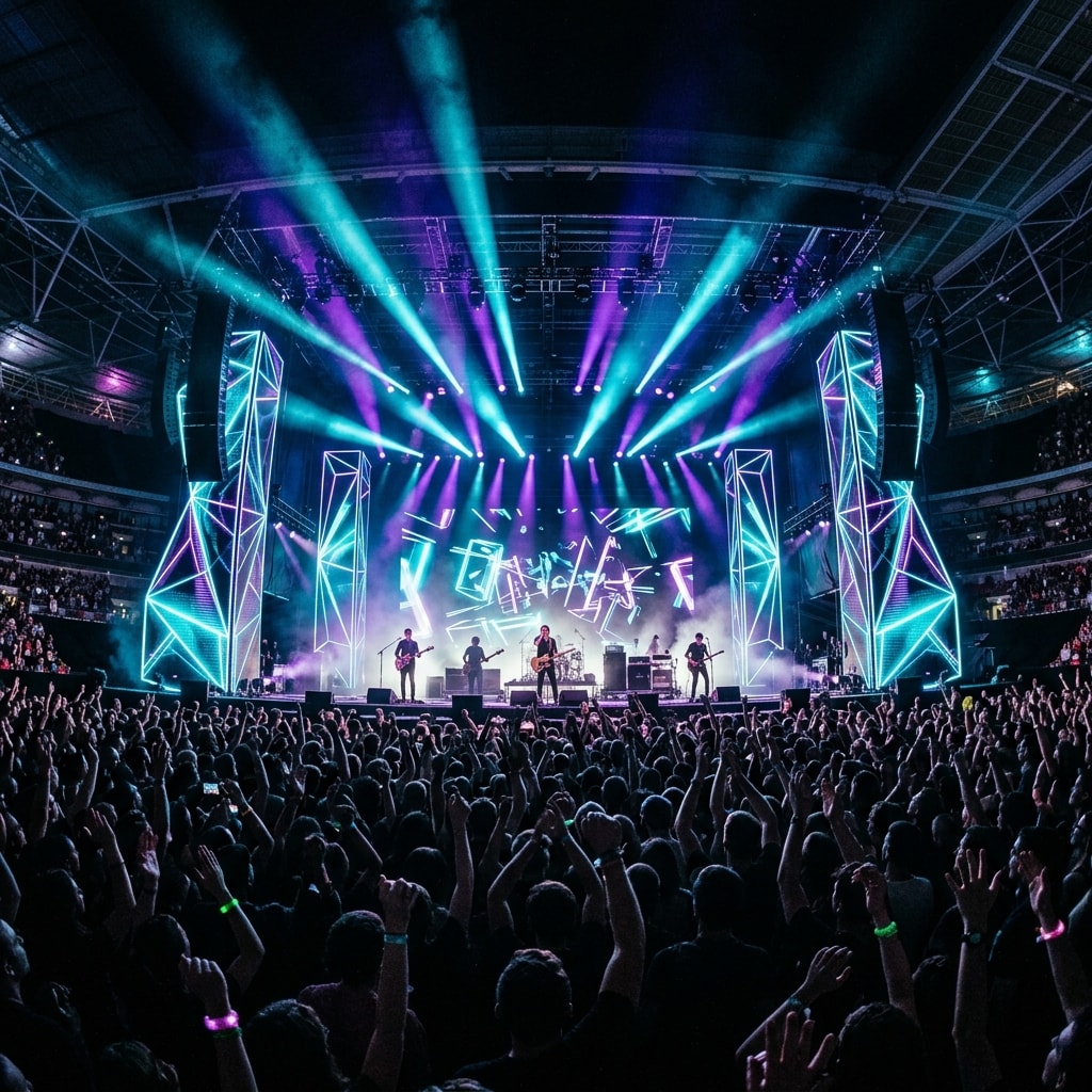 Epic arena concert stage with bright lights and abstract geometric pylon shapes.
