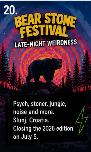 Bear Stone Festival heavy psych poster illustration featuring a silhouette of a bear in the forest.