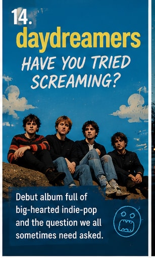 daydreamers band members sitting outside in front of blue sky.