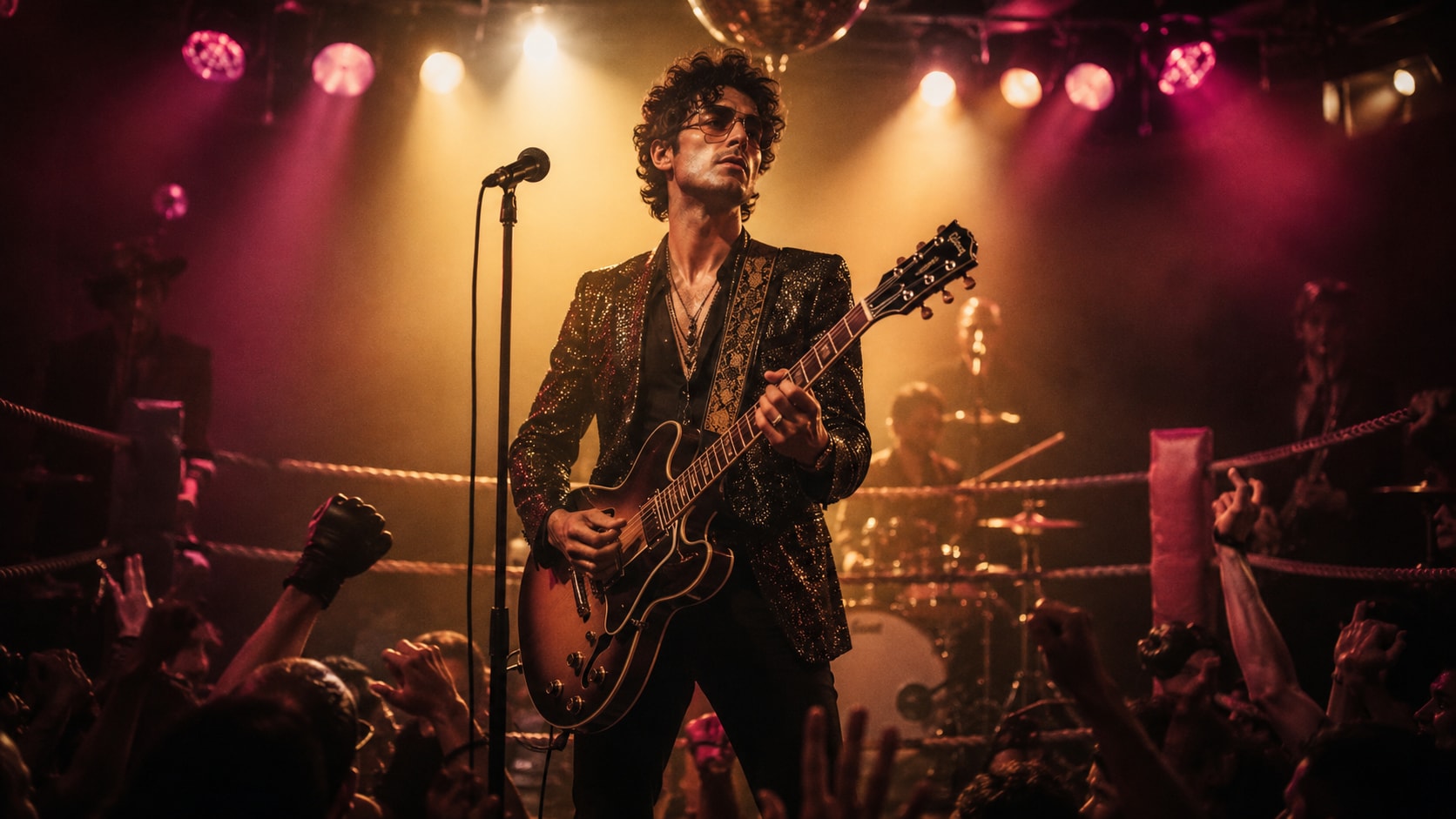 Eric Devine performing live on a boxing ring stage with dramatic lighting.