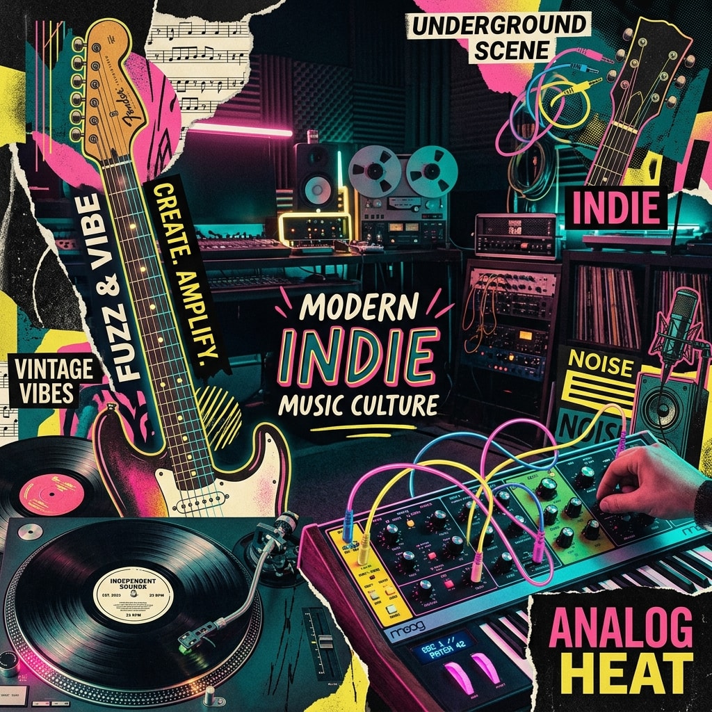 Creative collage of electric guitar parts, vinyl records, and analog synthesizers.