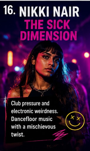 Nikki Nair The Sick Dimension poster graphic showing a woman in a neon club.