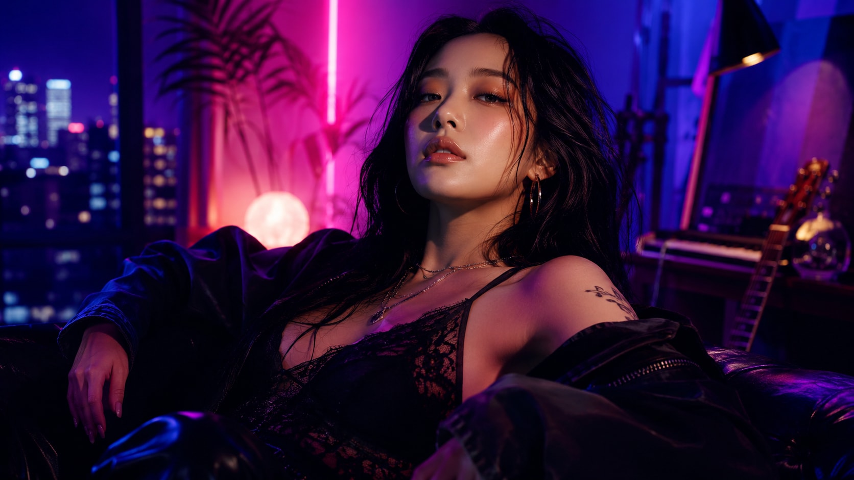 Ami Cheon sitting on a leather sofa in a late-night, neon-lit room with city skyline views.