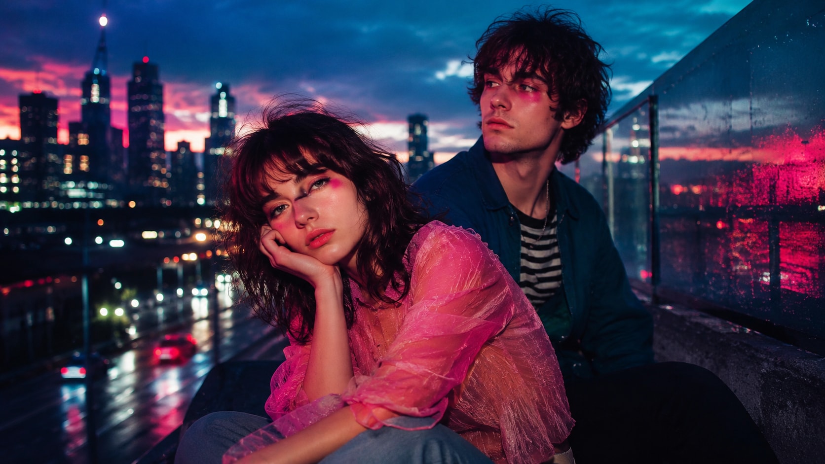 Crashmore duo sitting on a rooftop edge overlooking a neon city skyline at dusk.