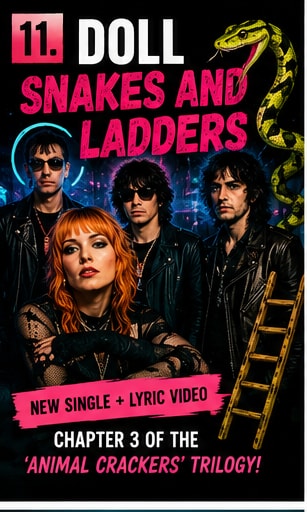 DOLL poster graphic featuring a snake and ladder design with band members.