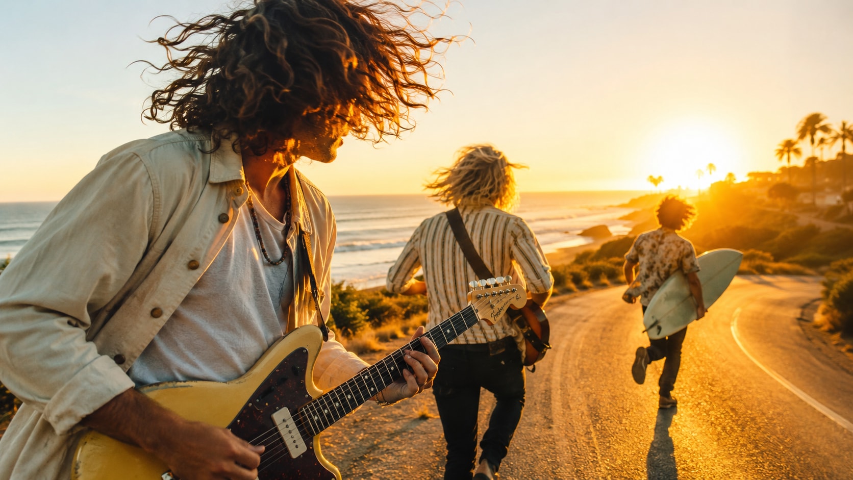 Musicians playing guitar on a coastal road at sunset, with a surfer running toward the beach.