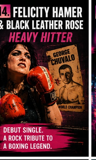 Felicity Hamer in boxing gloves, next to a vintage poster of boxer George Chuvalo.