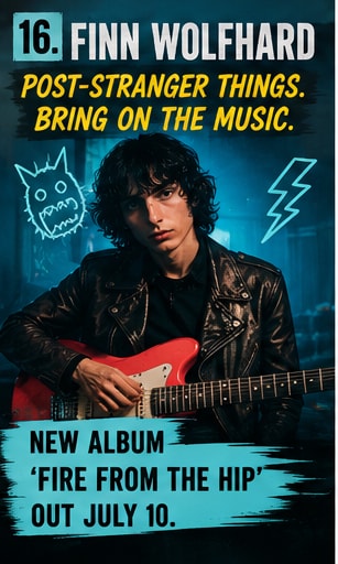 Finn Wolfhard holding an electric guitar in a dark studio setting.