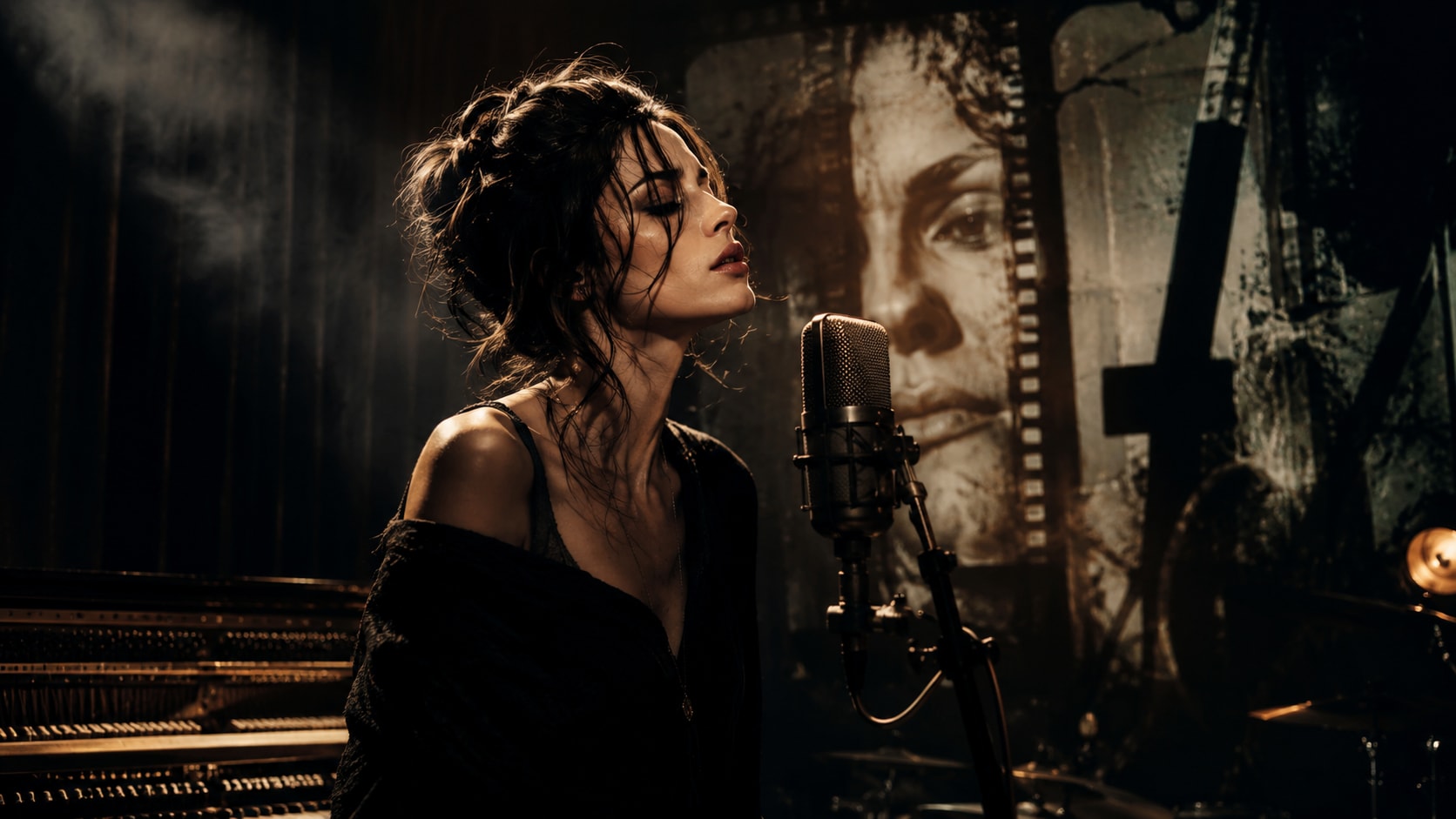 A female vocalist singing passionately into a studio microphone with a film reel and portrait in the background.