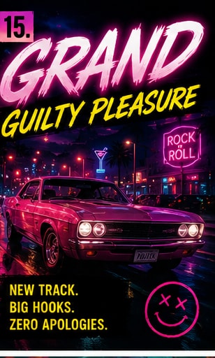 A classic muscle car under neon lights outside a rock club with neon signs.