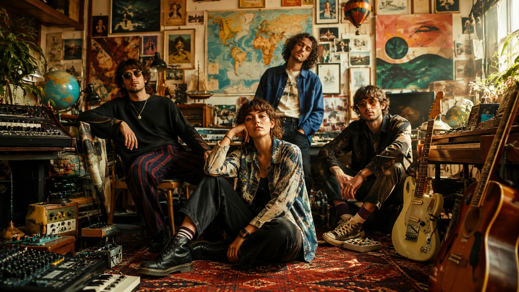 Hey Gorgeous band members in a creative workshop filled with travel maps, globes, and musical instruments.