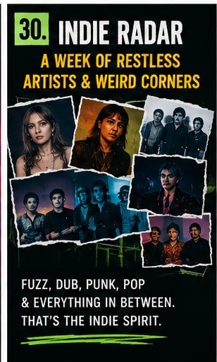 Collage photo frame showing various artists featured in the July 6 Indie Radar.