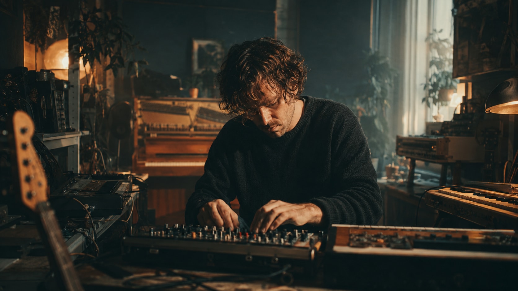 James Ellis Ford working on analog synthesizer gear in a cozy, plant-filled recording studio.