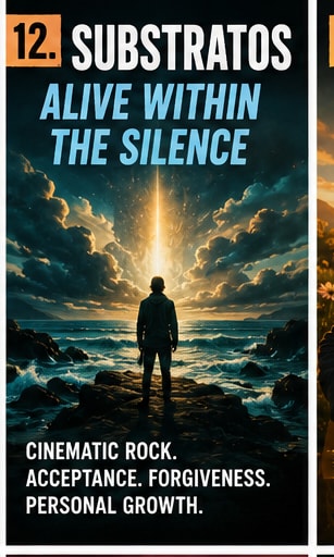 Substratos poster art showing a silhouette of a person standing on a rocky beach facing a glowing horizon.