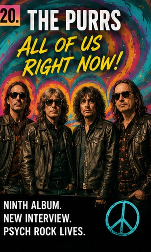 The Purrs band members standing together next to a peace symbol.