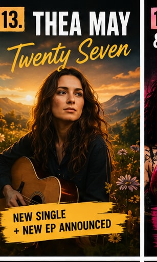 Thea May holding an acoustic guitar in a field of wildflowers.