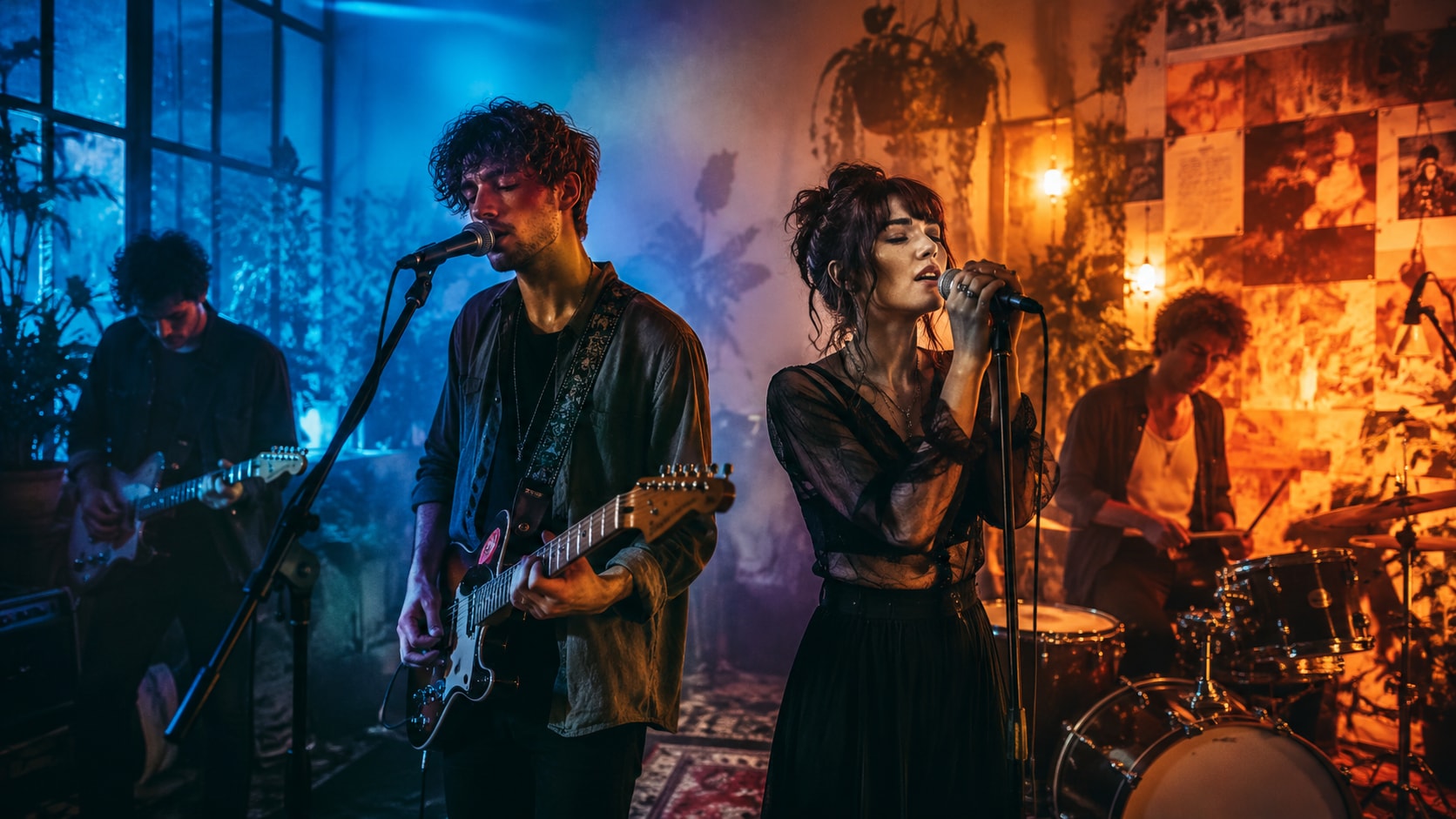 An indie rock band with dual male and female lead vocalists singing live in a warm, cozy recording studio.