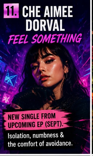 Che Aimee Dorval poster graphic with pink text detailing her single 'Feel Something'.