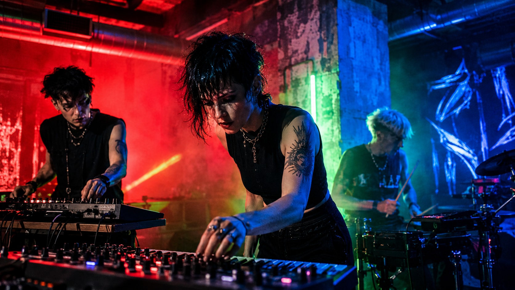 A Berlin synth-punk trio performing with analog synthesizers in a dark warehouse club under moody red and green lights.