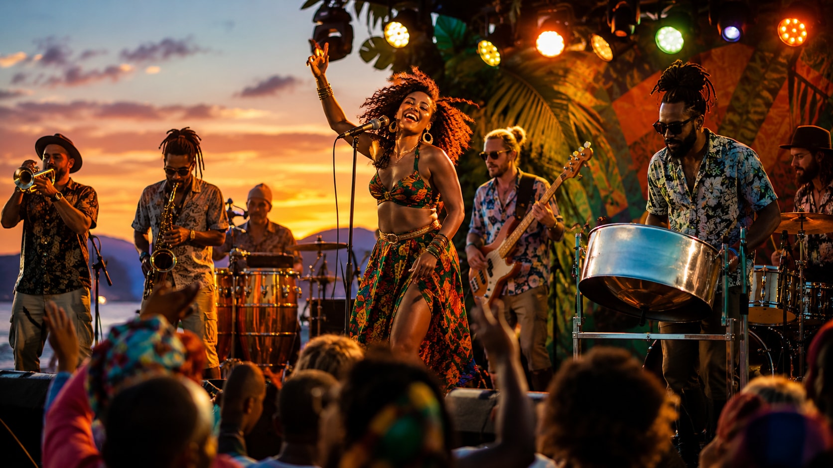 A lively outdoor tropical sunset music festival stage featuring a brass section and a steel-pan drum player.