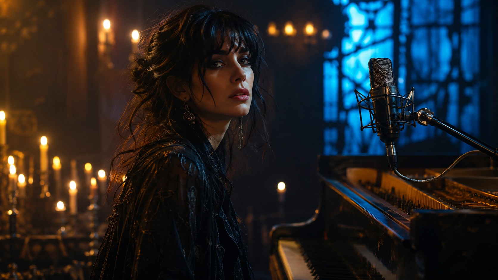 A female singer performing in a candlelit gothic room at a black grand piano with a studio microphone.