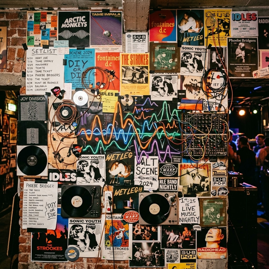 A creative collage of vinyl records, synthesizer waves, and alternative band posters on a wall.