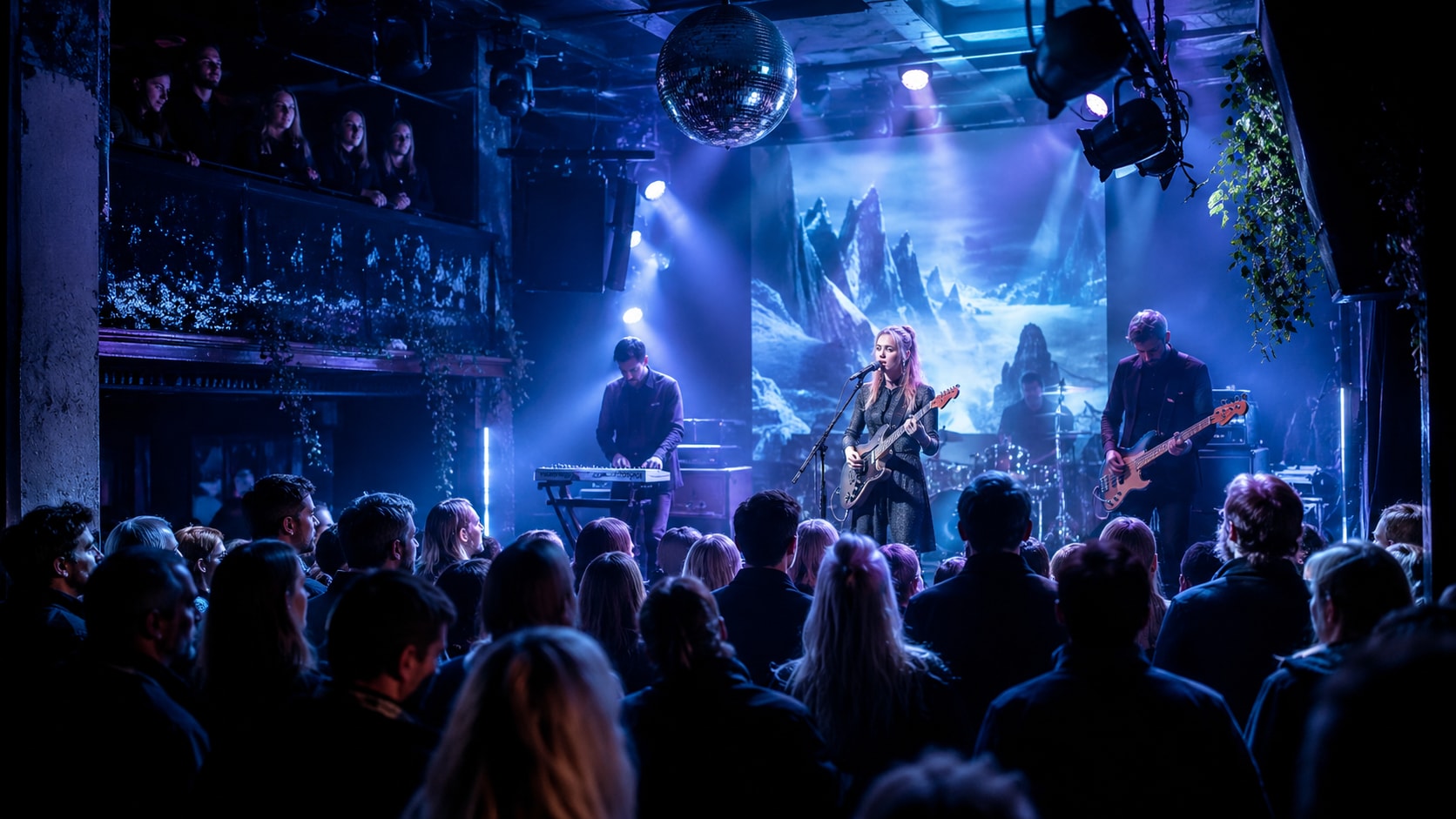 A band performing live under a glittering disco ball in a London club with a female vocalist playing guitar.