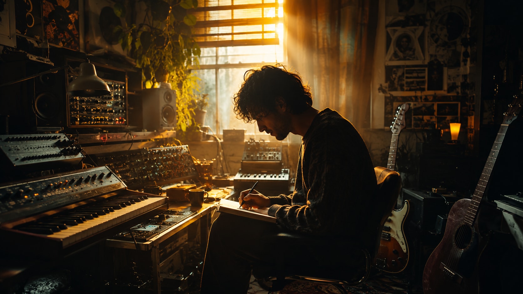A male music producer writing in a notebook in a cozy recording studio filled with vintage modular synthesizers and guitars.