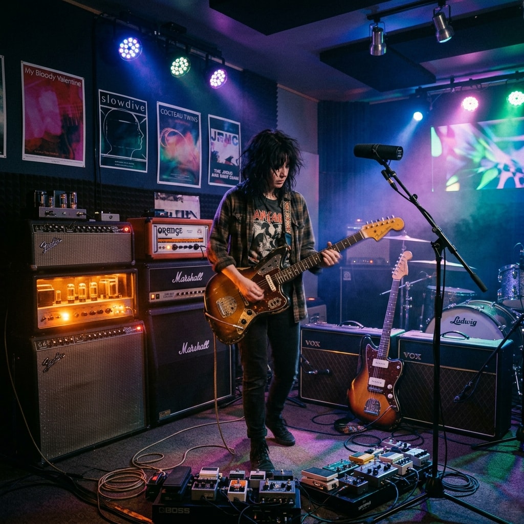 An atmospheric music studio with dim lighting, vintage guitar amps glowing, and abstract shoegaze indie rock vibes.